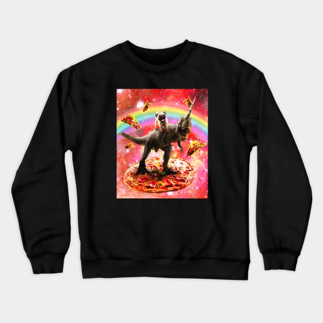 Pug Riding Unicorn Dinosaur on Pizza Crewneck Sweatshirt by Random Galaxy